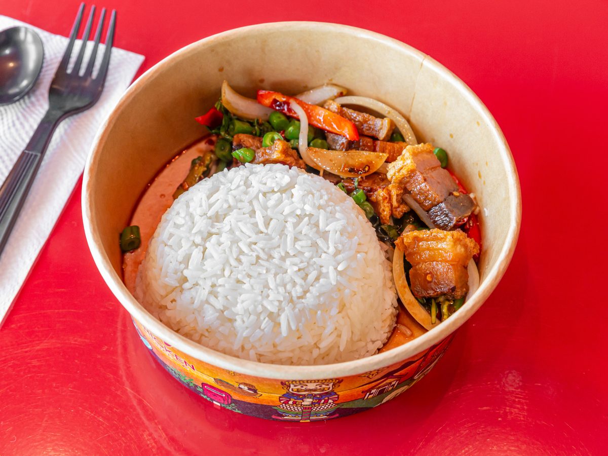 Kapow Crispy Pork with holy basil and chili over jasmine rice