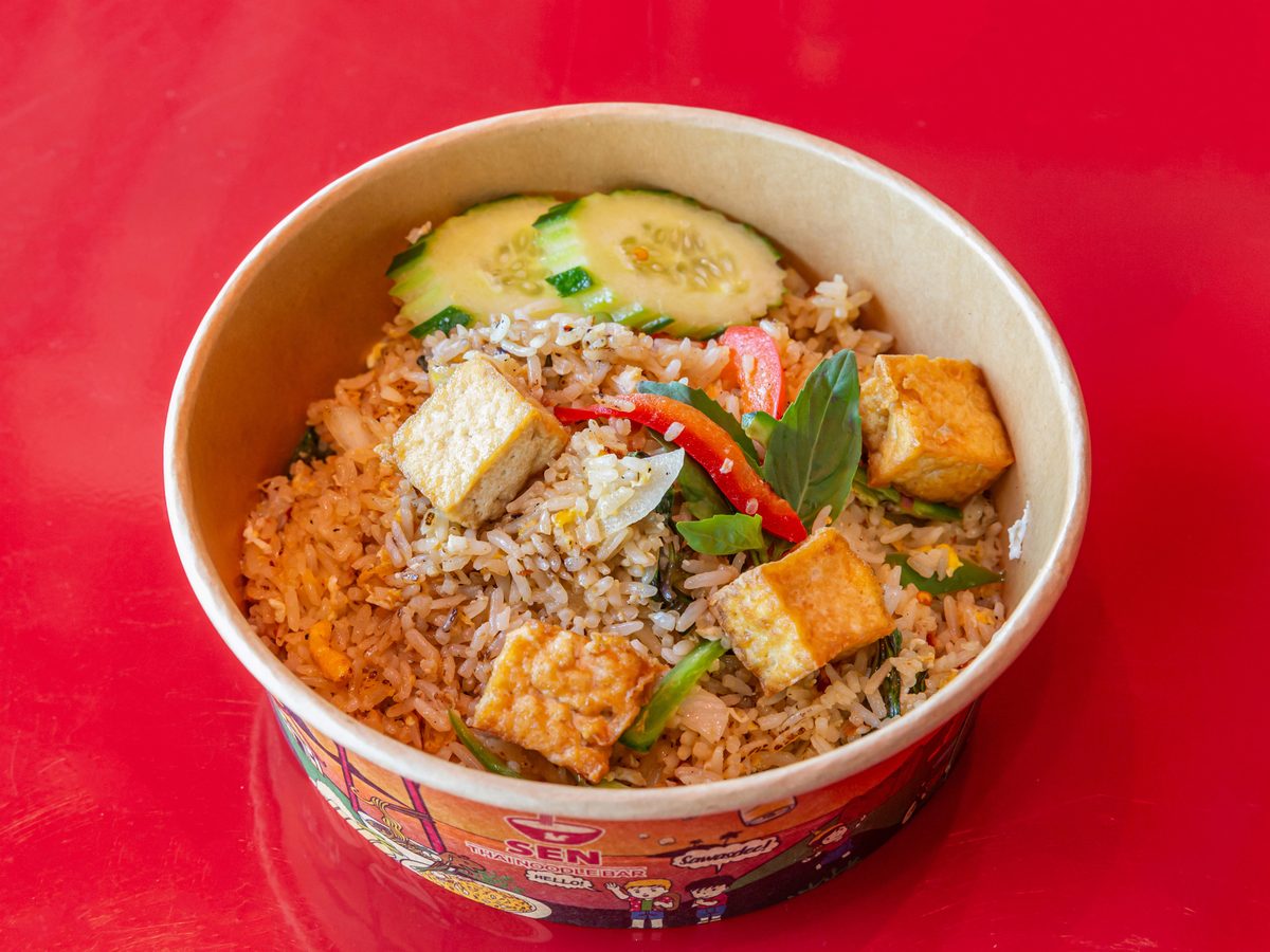 Spicy Fried Rice with crispy tofu, basil and chili