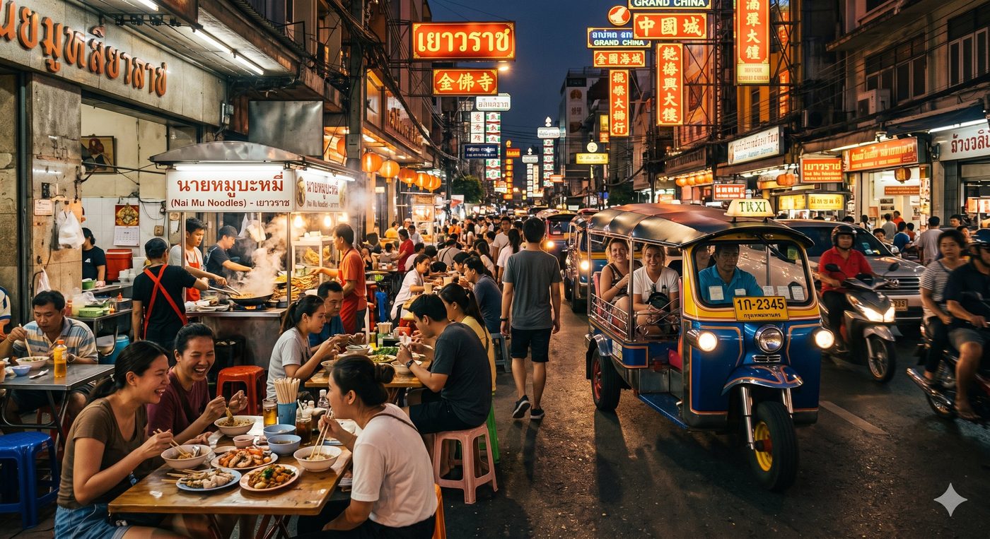 Bangkok street food scene with tuk-tuk taxi